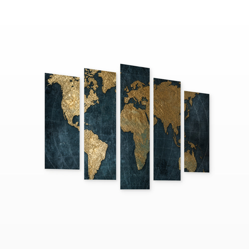 World Map with Gold Elements Vintage Study — five-panel wall art on white background in perspective | 5wallart 54685 M1