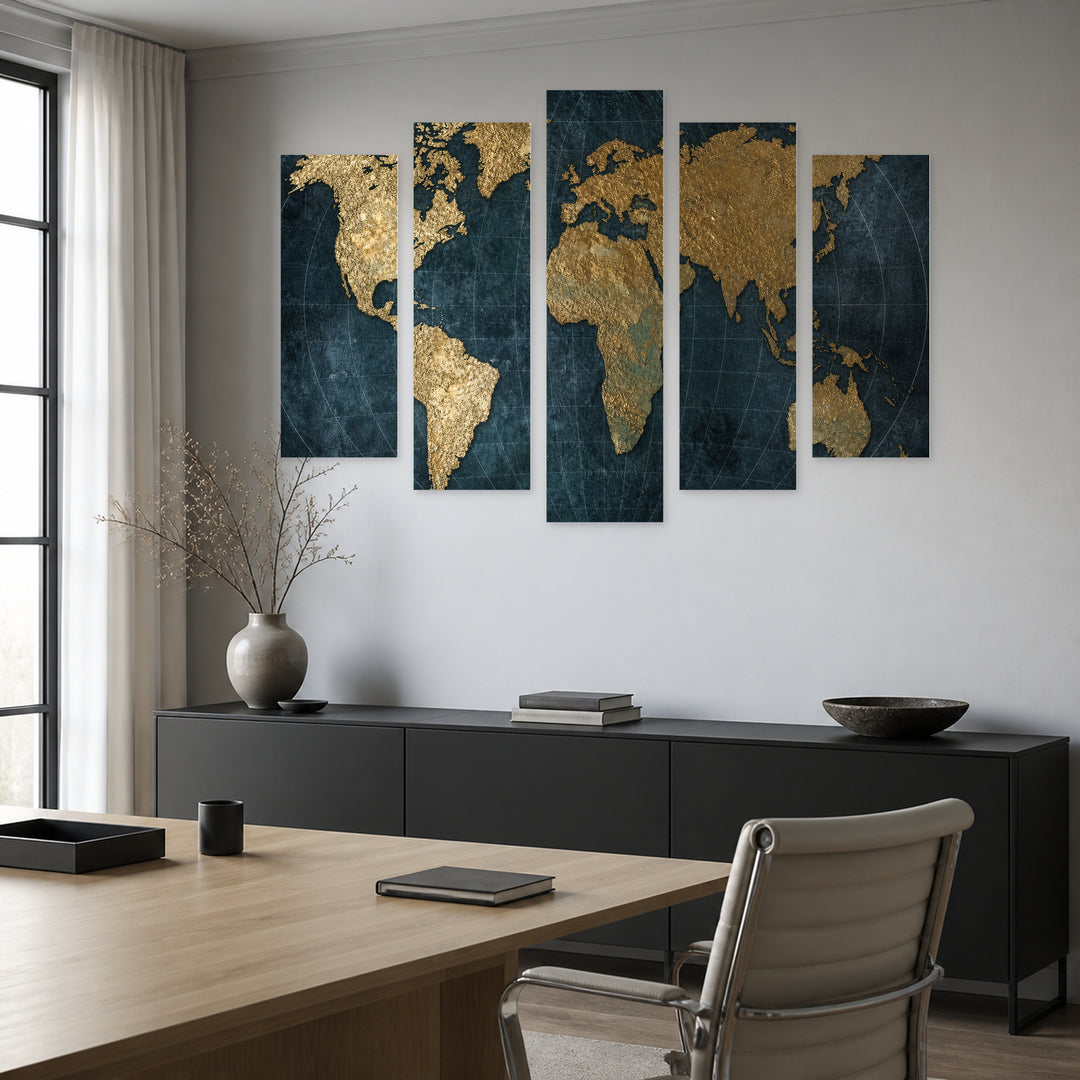 World Map with Gold Elements Vintage Study — five-panel wall art in alternate frontal interior | 5wallart 54685 M4