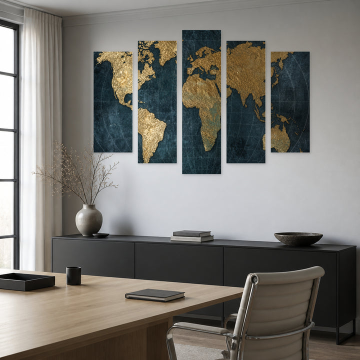 World Map with Gold Elements Vintage Study — five-panel wall art in alternate frontal interior | 5wallart 54685 M4