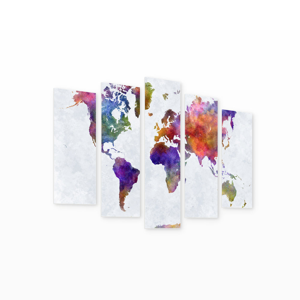 Watercolor World Map in Serene Light II — five-panel wall art on white background in perspective | 5wallart 54686 M1