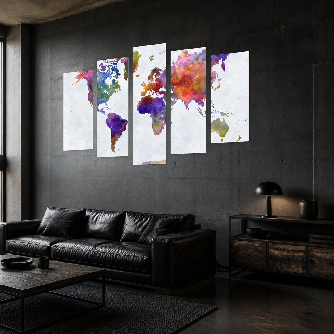 Watercolor World Map in Serene Light II — five-panel wall art in perspective interior | 5wallart 54686 M2