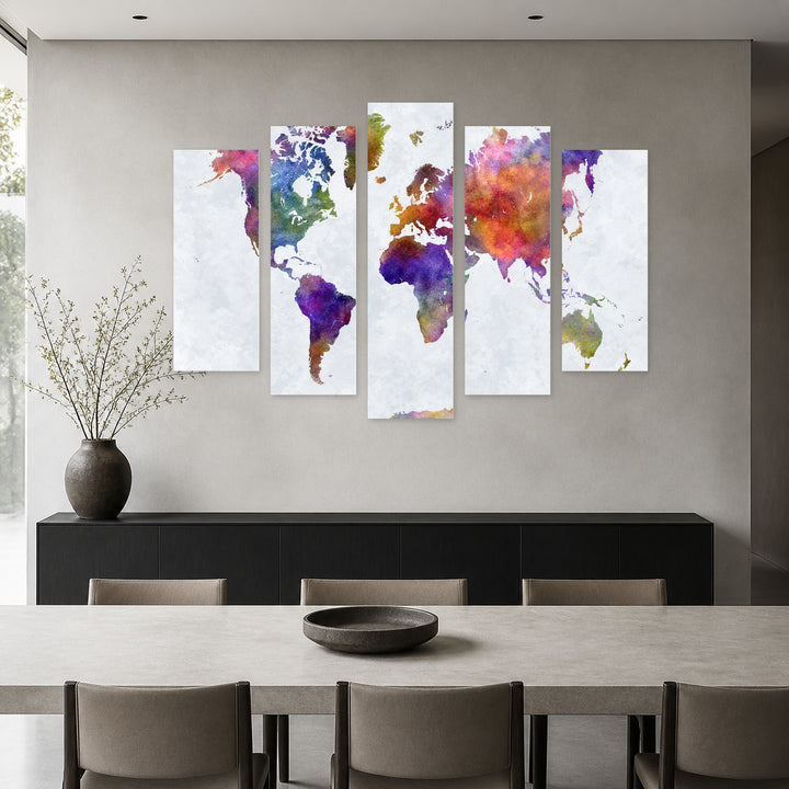 Watercolor World Map in Serene Light II — five-panel wall art in frontal interior | 5wallart 54686 M3
