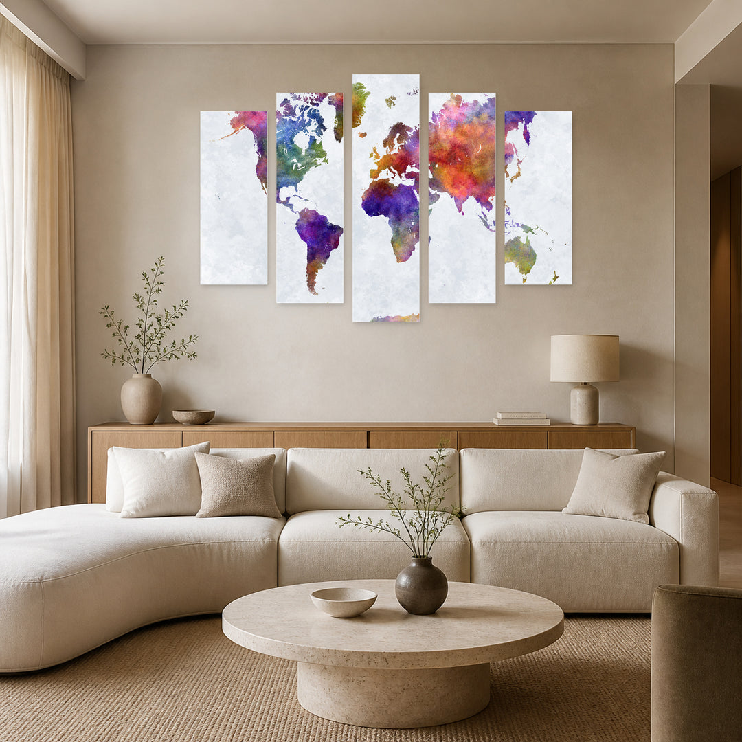 Watercolor World Map in Serene Light II — five-panel wall art in alternate frontal interior | 5wallart 54686 M4