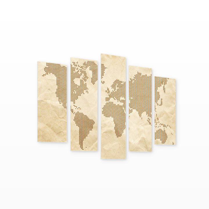 World Map Made of Dots in Serene Light — five-panel wall art on white background in perspective | 5wallart 54687 M1