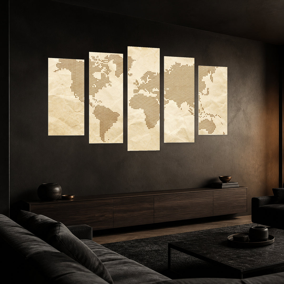 World Map Made of Dots in Serene Light — five-panel wall art in perspective interior | 5wallart 54687 M2