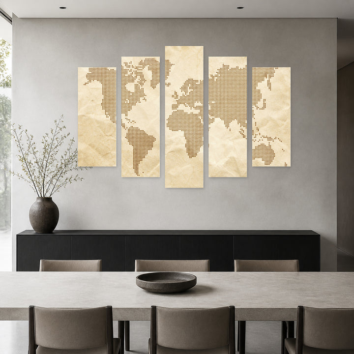 World Map Made of Dots in Serene Light — five-panel wall art in alternate frontal interior | 5wallart 54687 M4