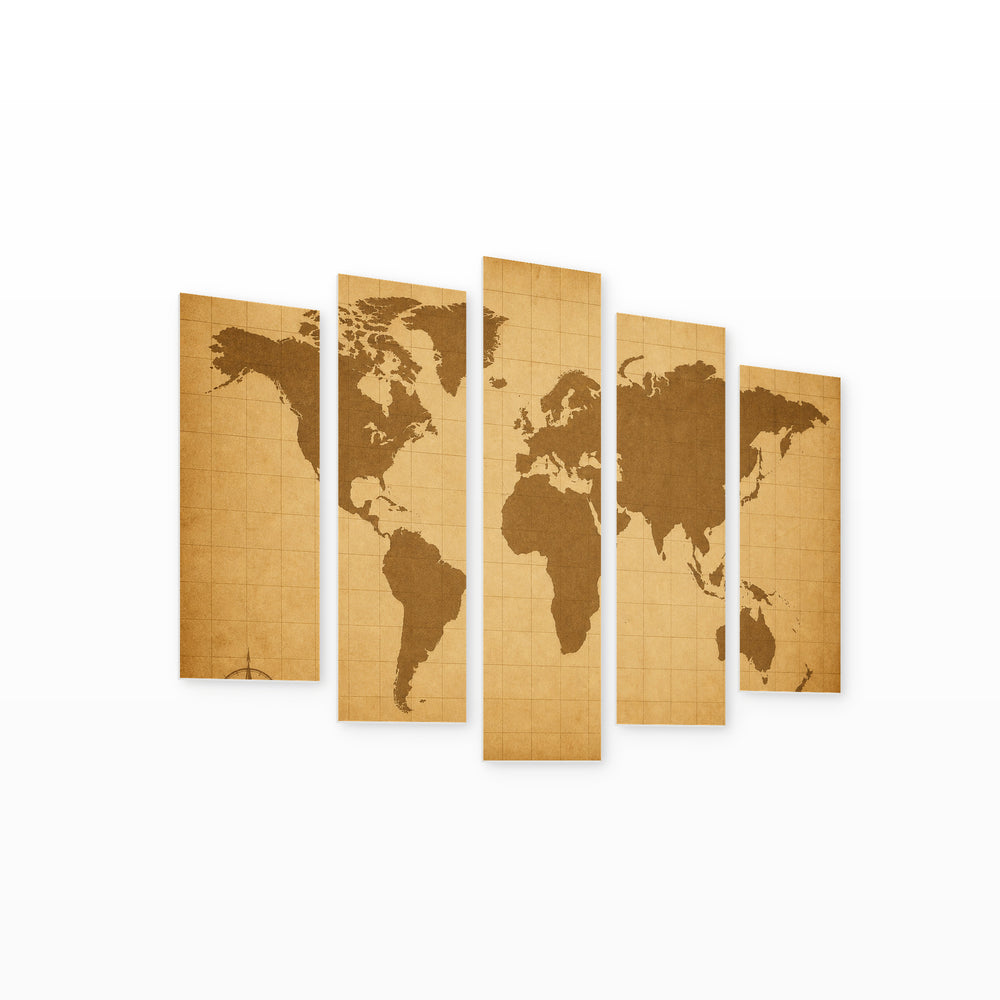 A Retro World Map in Serene Light — five-panel wall art on white background in perspective | 5wallart 54688 M1