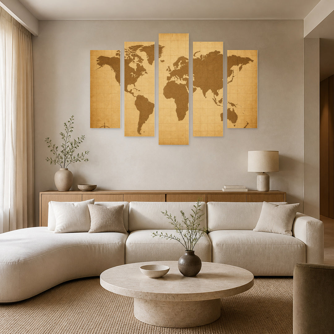 A Retro World Map in Serene Light — five-panel wall art in alternate frontal interior | 5wallart 54688 M4