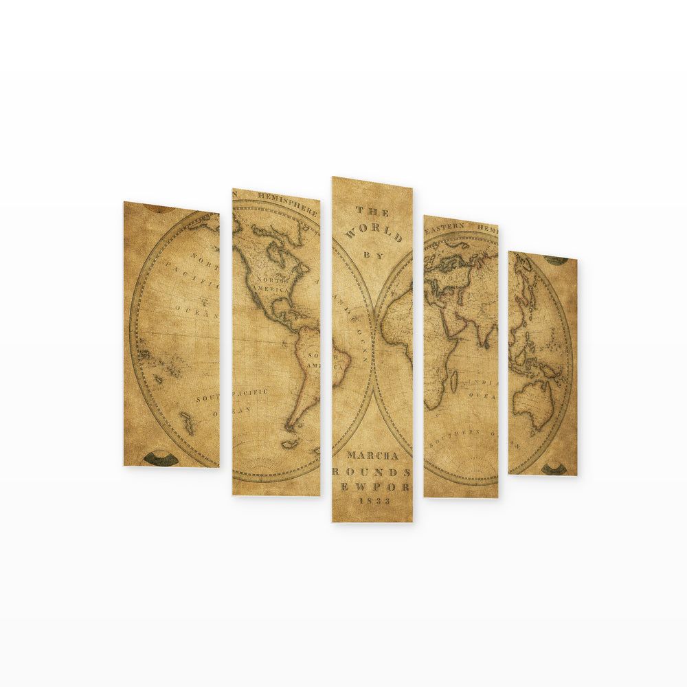 Vintage World Map Vintage Study — five-panel wall art on white background in perspective | 5wallart 54689 M1