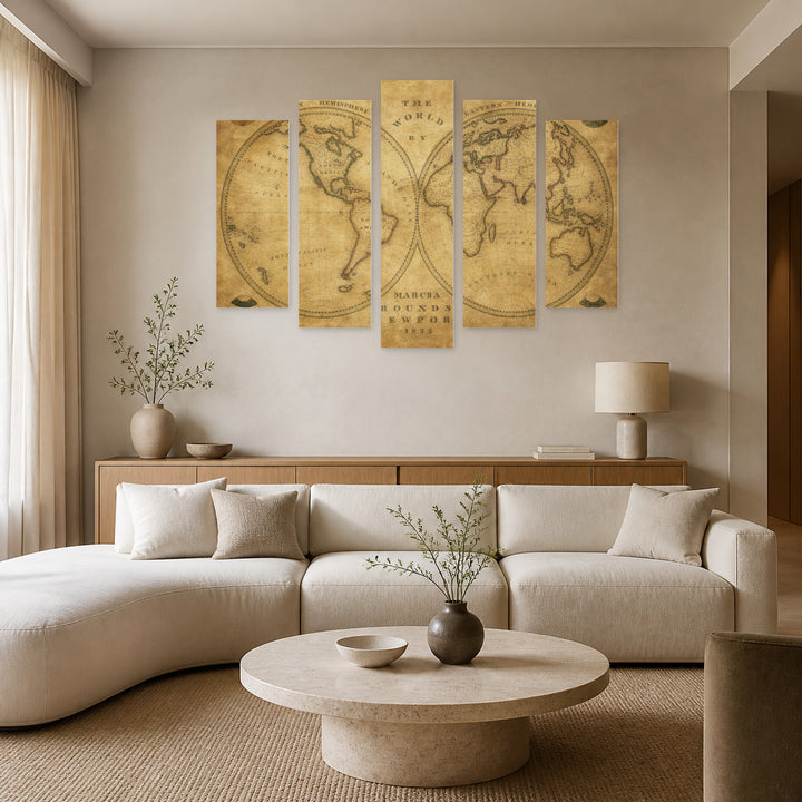 Vintage World Map Vintage Study — five-panel wall art in frontal interior | 5wallart 54689 M3