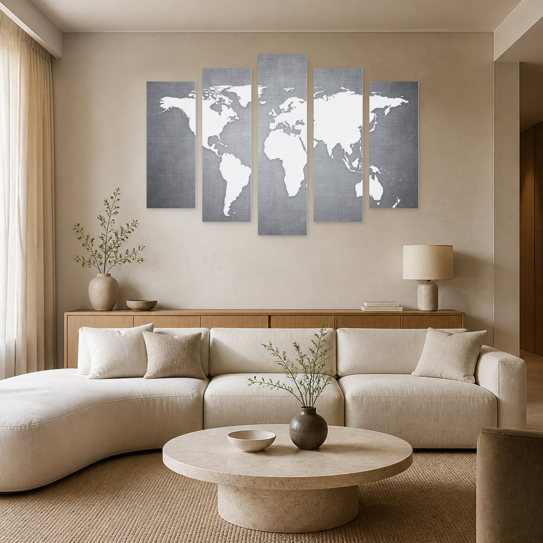 Map in White Color in Serene Light — five-panel wall art in alternate frontal interior | 5wallart 54690 M4