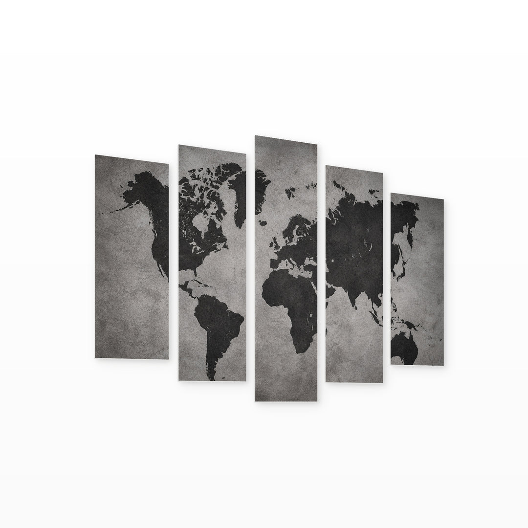 World Map on a Gray Background Vintage Study — five-panel wall art on white background in perspective | 5wallart 54691 M1