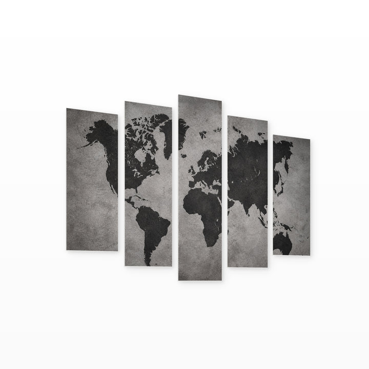 World Map on a Gray Background Vintage Study — five-panel wall art on white background in perspective | 5wallart 54691 M1
