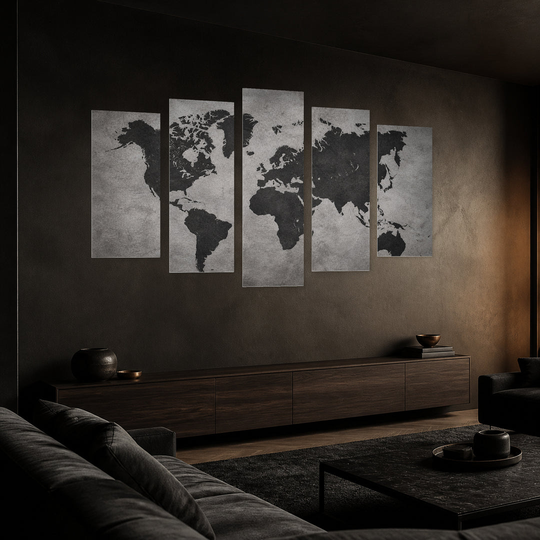 World Map on a Gray Background Vintage Study — five-panel wall art in perspective interior | 5wallart 54691 M2