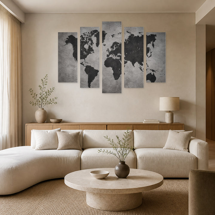 World Map on a Gray Background Vintage Study — five-panel wall art in frontal interior | 5wallart 54691 M3