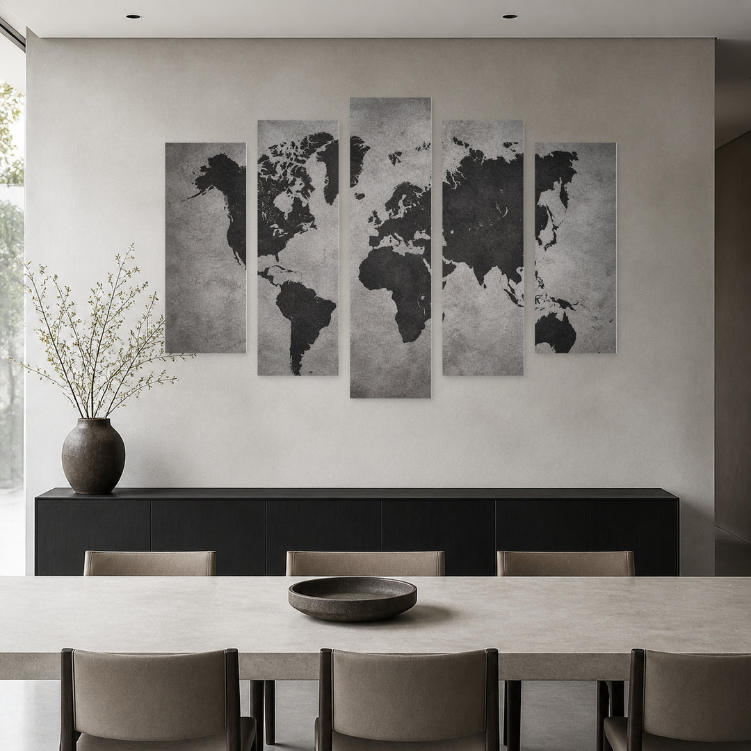 World Map on a Gray Background Vintage Study — five-panel wall art in alternate frontal interior | 5wallart 54691 M4