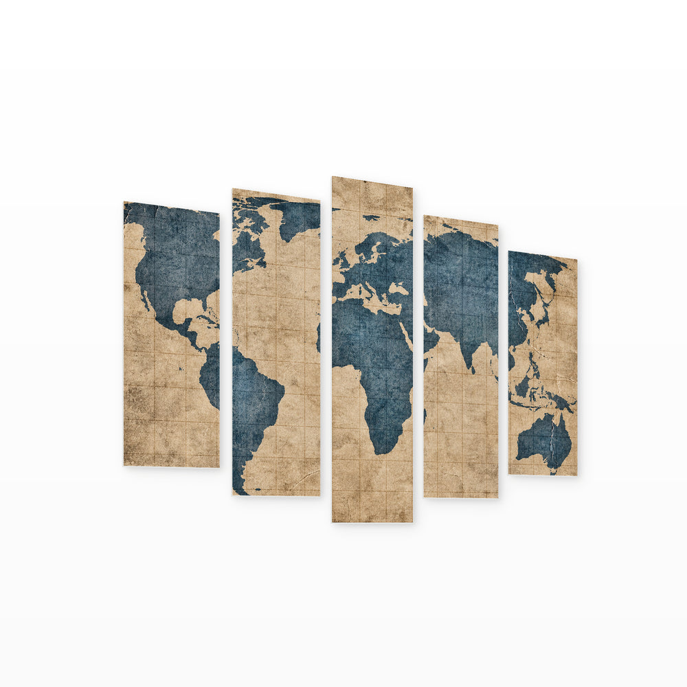 World Map in Antique Style Vintage Study — five-panel wall art on white background in perspective | 5wallart 54692 M1