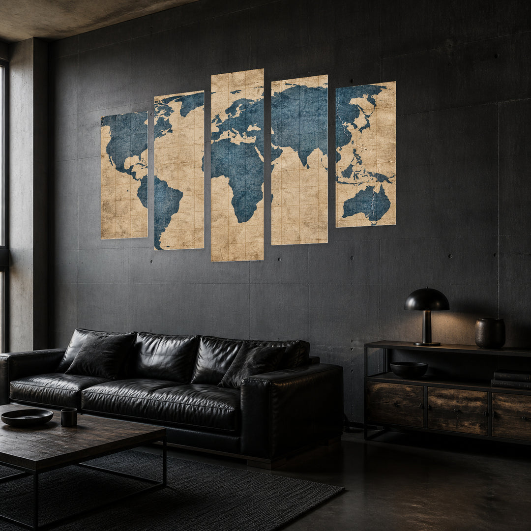 World Map in Antique Style Vintage Study — five-panel wall art in perspective interior | 5wallart 54692 M2