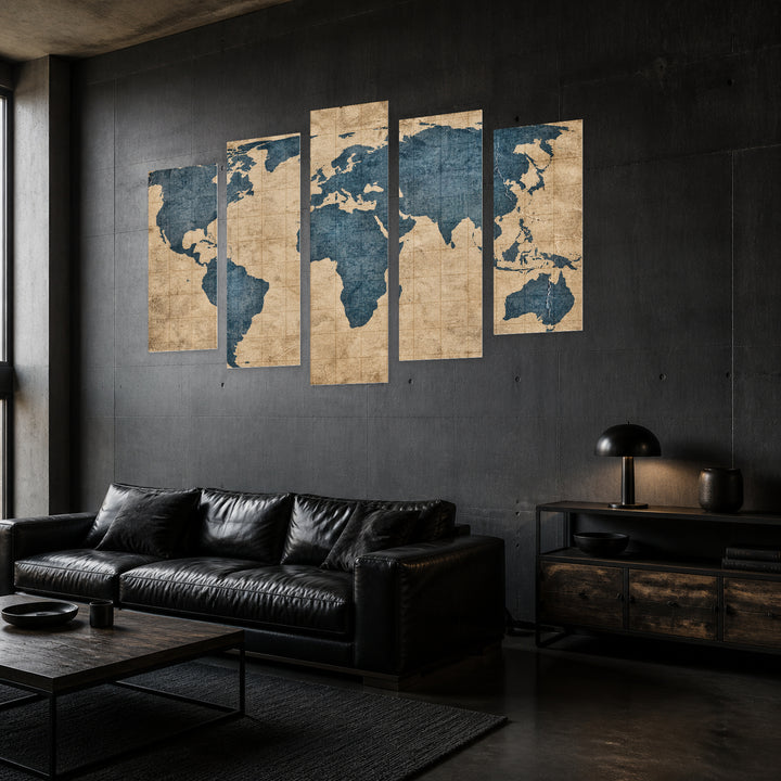 World Map in Antique Style Vintage Study — five-panel wall art in perspective interior | 5wallart 54692 M2