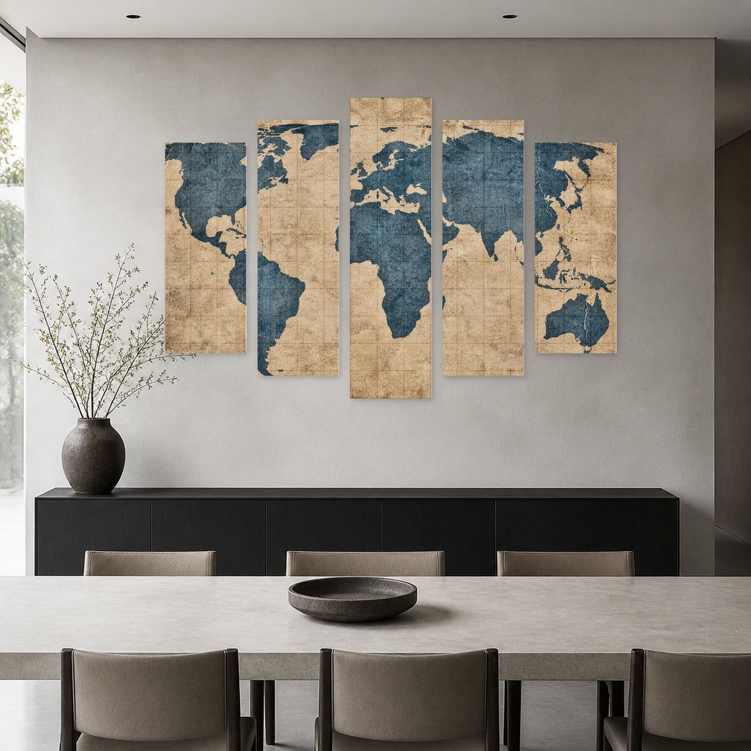 World Map in Antique Style Vintage Study — five-panel wall art in frontal interior | 5wallart 54692 M3