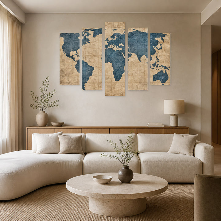 World Map in Antique Style Vintage Study — five-panel wall art in alternate frontal interior | 5wallart 54692 M4