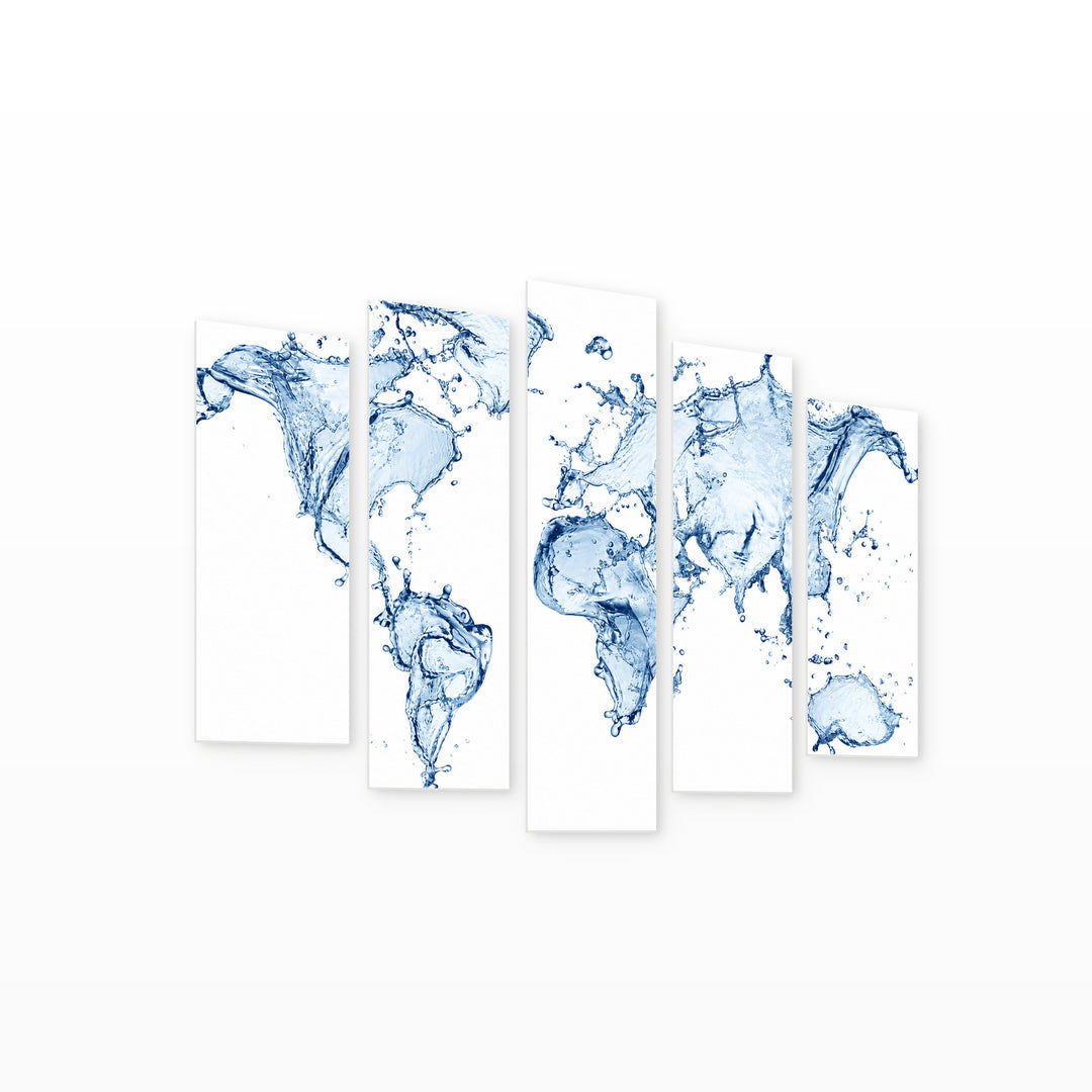 World Map Made of Water Splashes Vintage Study — five-panel wall art on white background in perspective | 5wallart 54693 M1