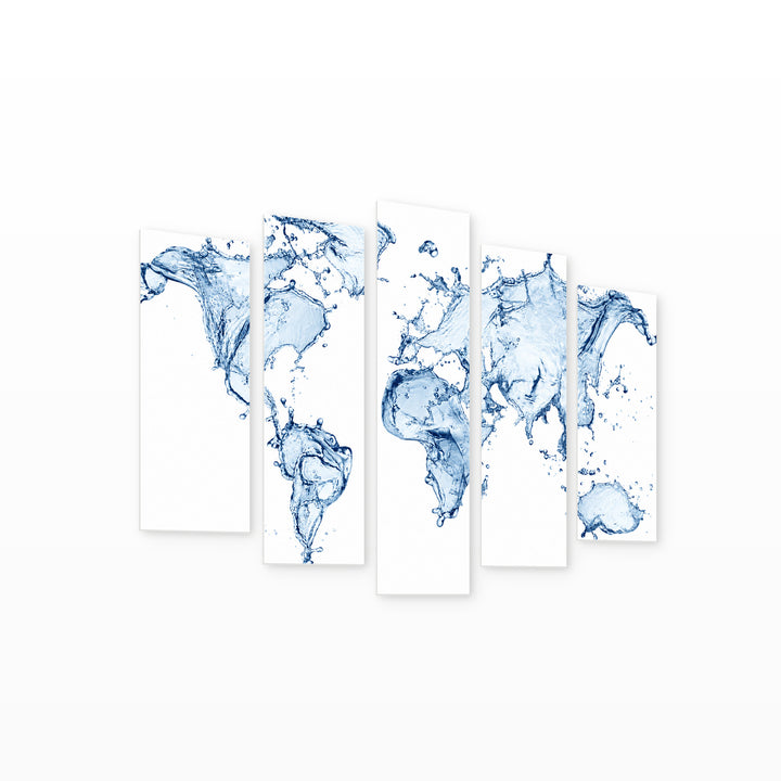 World Map Made of Water Splashes Vintage Study — five-panel wall art on white background in perspective | 5wallart 54693 M1