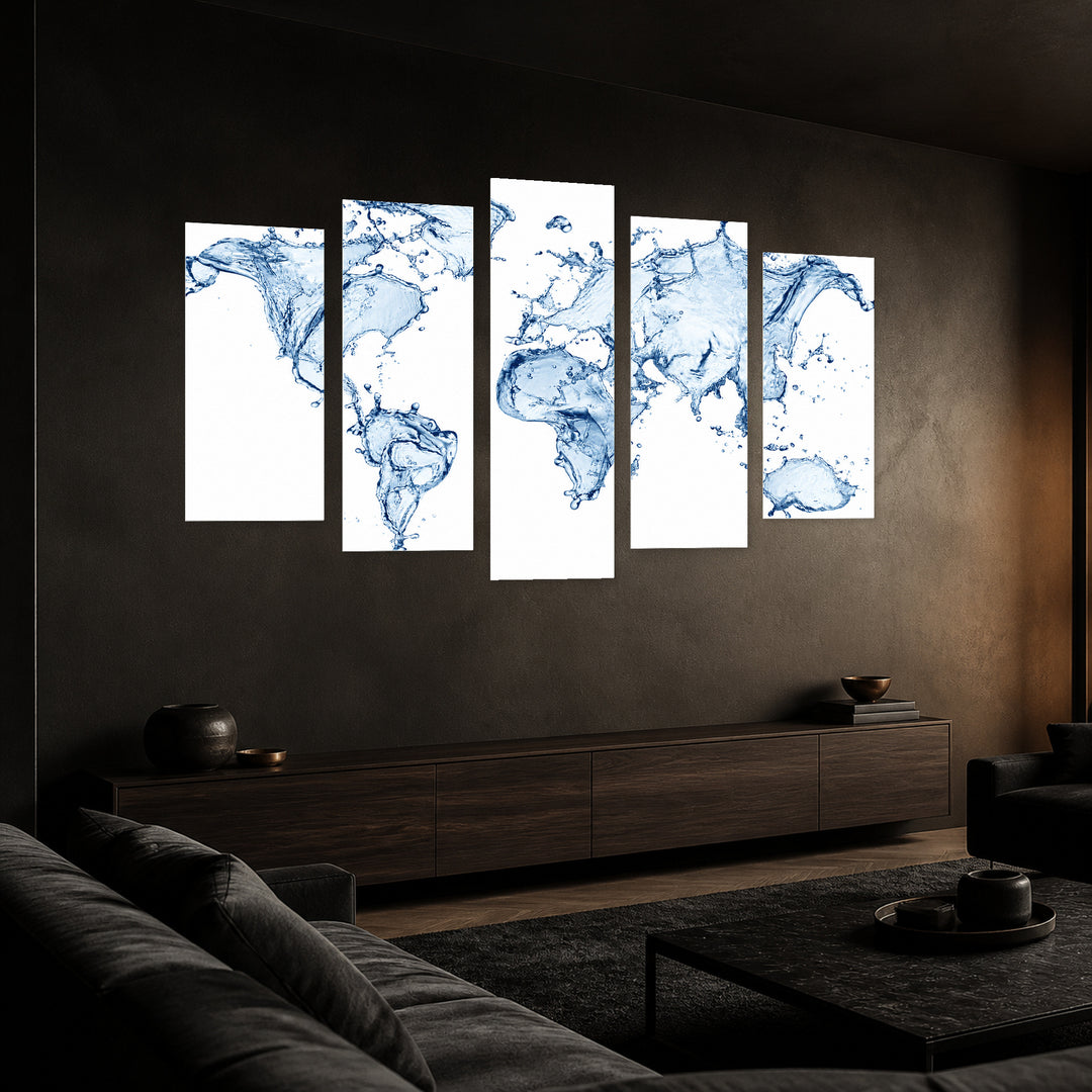 World Map Made of Water Splashes Vintage Study — five-panel wall art in perspective interior | 5wallart 54693 M2