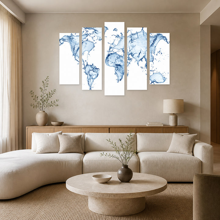 World Map Made of Water Splashes Vintage Study — five-panel wall art in frontal interior | 5wallart 54693 M3