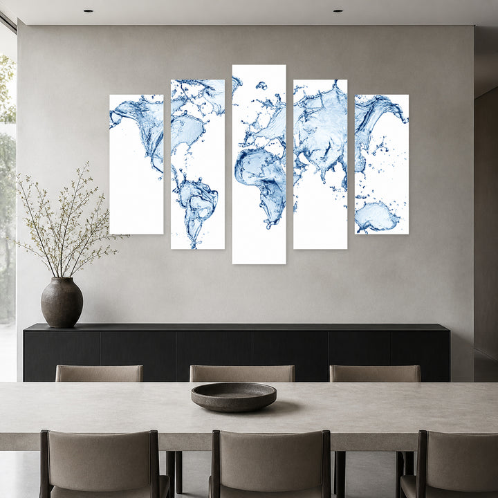 World Map Made of Water Splashes Vintage Study — five-panel wall art in alternate frontal interior | 5wallart 54693 M4