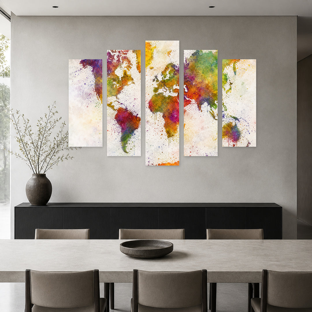 Color World Map in Watercolor Vintage Study — five-panel wall art in frontal interior | 5wallart 54694 M3
