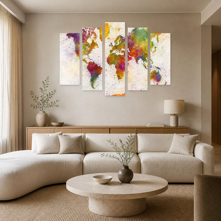 Color World Map in Watercolor Vintage Study — five-panel wall art in alternate frontal interior | 5wallart 54694 M4