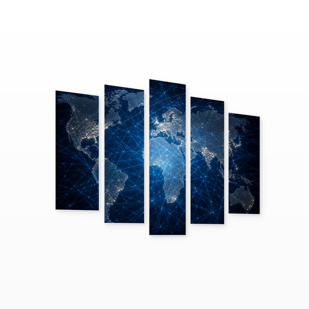 Technological World Map at Night — five-panel wall art on white background in perspective | 5wallart 54695 M1