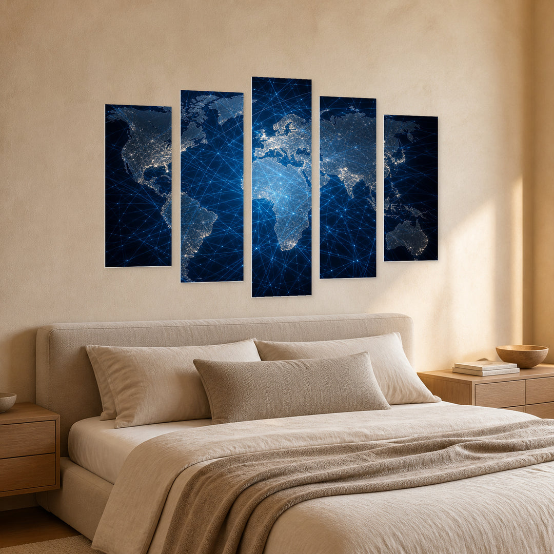 Technological World Map at Night — five-panel wall art in perspective interior | 5wallart 54695 M2
