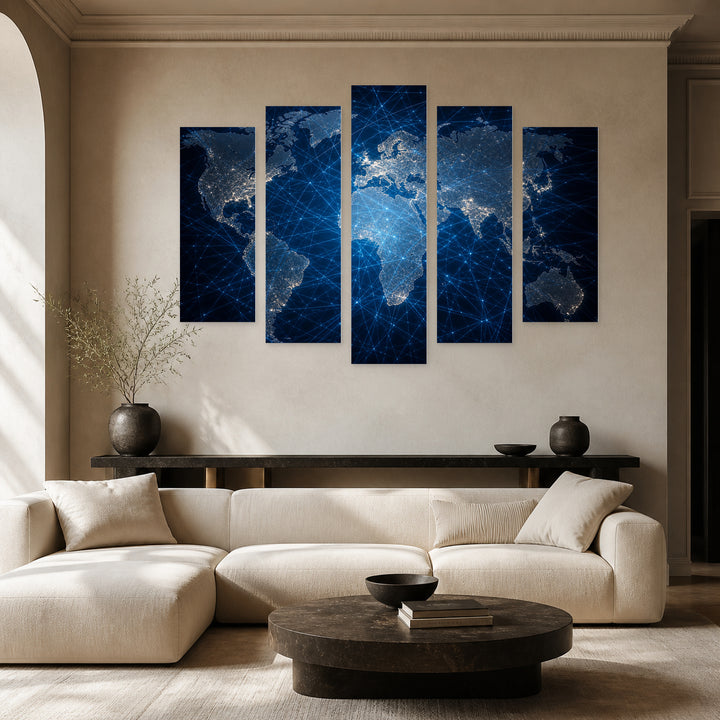 Technological World Map at Night — five-panel wall art in frontal interior | 5wallart 54695 M3