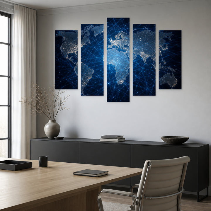 Technological World Map at Night — five-panel wall art in alternate frontal interior | 5wallart 54695 M4
