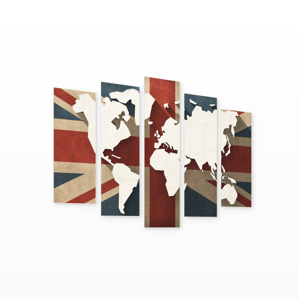 United Kingdom with World Map with Geometric Rhythm — five-panel wall art on white background in perspective | 5wallart 54696 M1