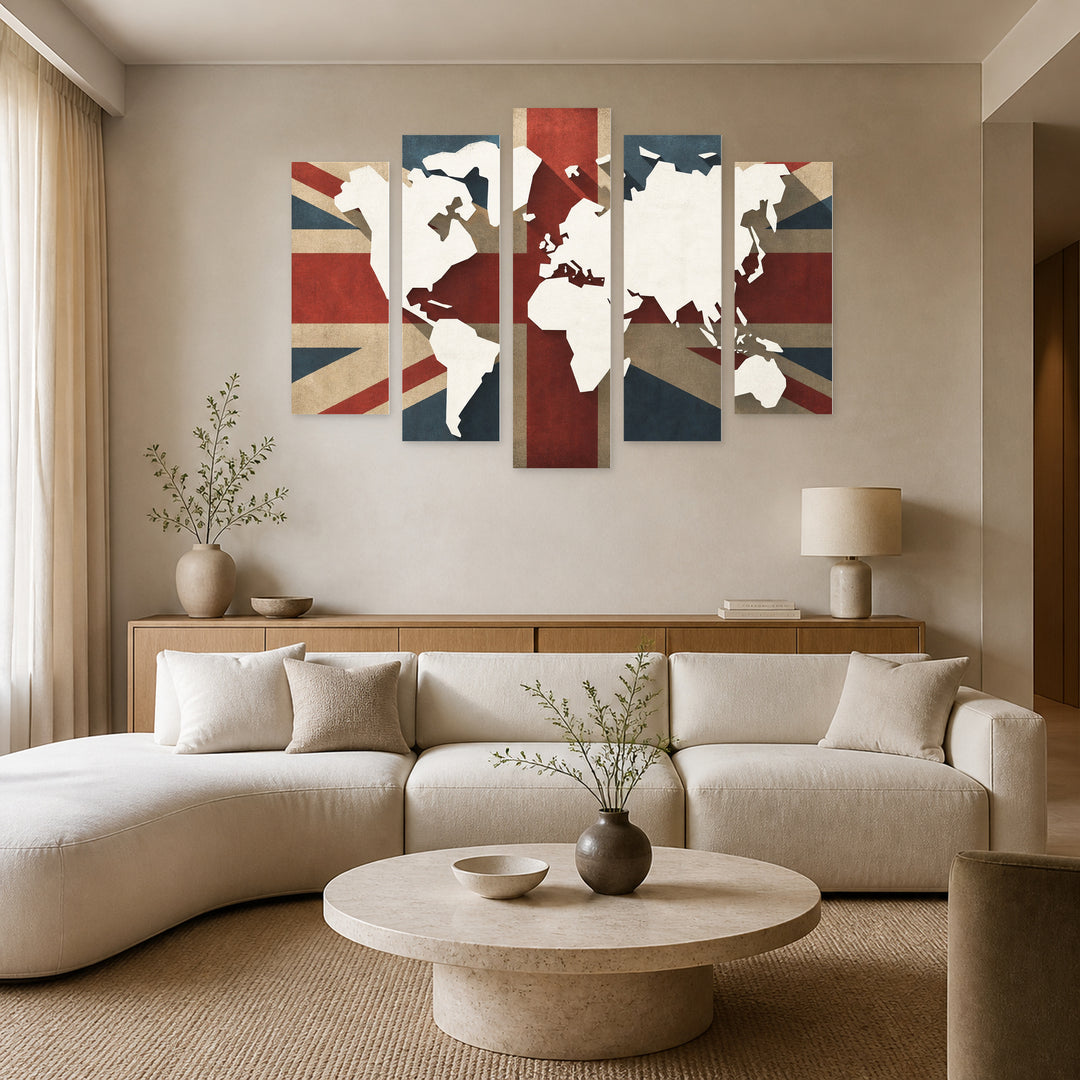 United Kingdom with World Map with Geometric Rhythm — five-panel wall art in alternate frontal interior | 5wallart 54696 M4