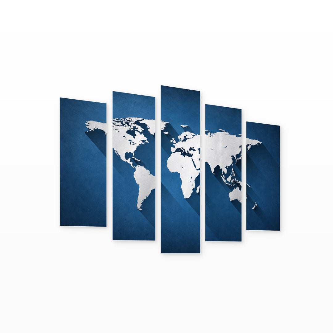 World Map with Light and Shadow Vintage Study — five-panel wall art on white background in perspective | 5wallart 54697 M1
