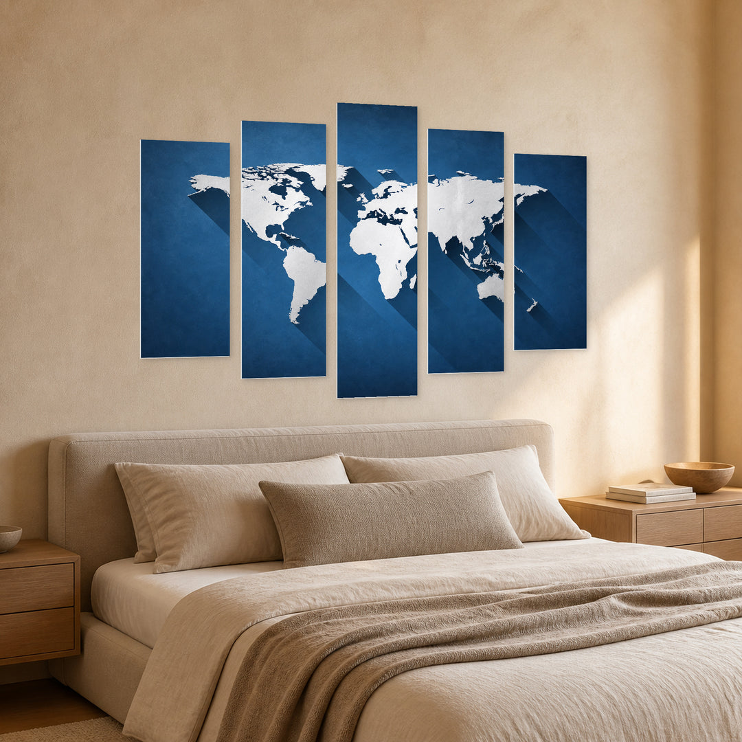 World Map with Light and Shadow Vintage Study — five-panel wall art in perspective interior | 5wallart 54697 M2