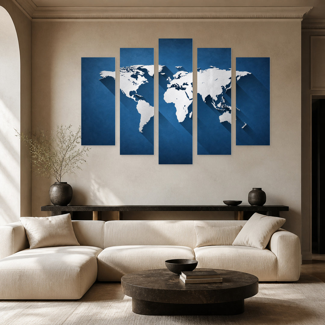 World Map with Light and Shadow Vintage Study — five-panel wall art in frontal interior | 5wallart 54697 M3