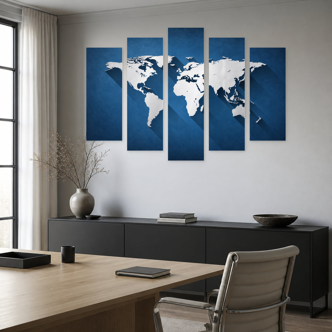 World Map with Light and Shadow Vintage Study — five-panel wall art in alternate frontal interior | 5wallart 54697 M4
