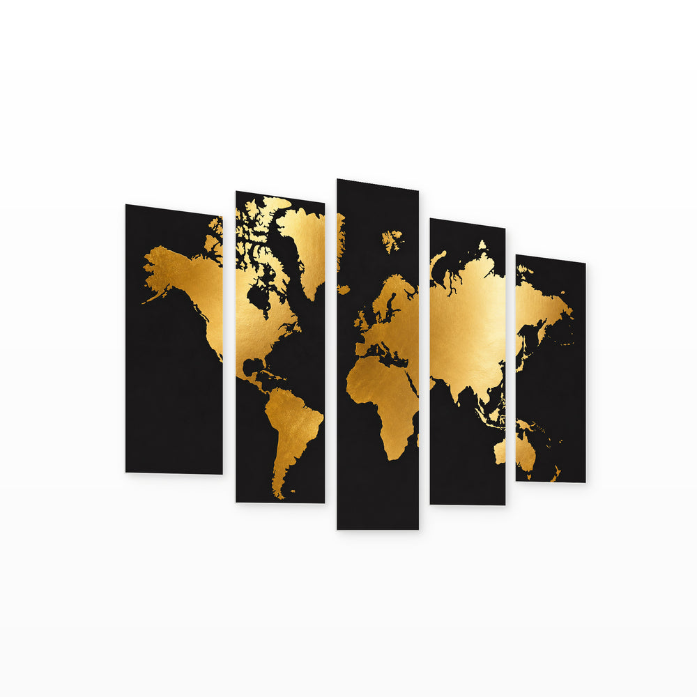 Golden World Map with Dramatic Contrast — five-panel wall art on white background in perspective | 5wallart 54698 M1