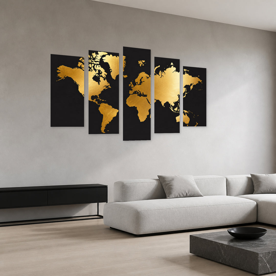 Golden World Map with Dramatic Contrast — five-panel wall art in perspective interior | 5wallart 54698 M2