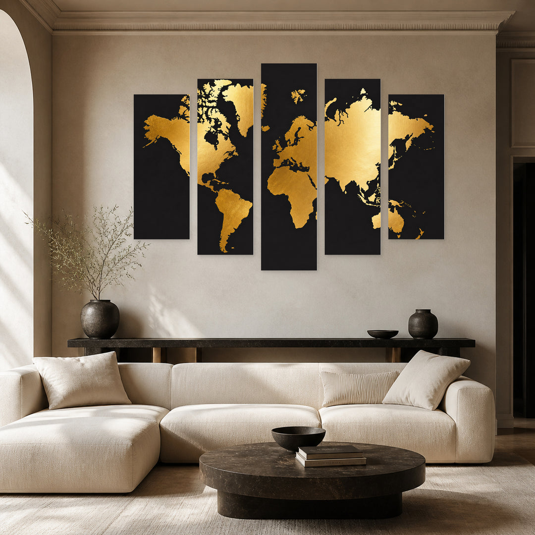 Golden World Map with Dramatic Contrast — five-panel wall art in alternate frontal interior | 5wallart 54698 M4