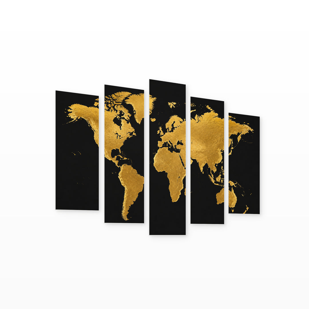 World Map in Gold Vintage Study — five-panel wall art on white background in perspective | 5wallart 54699 M1