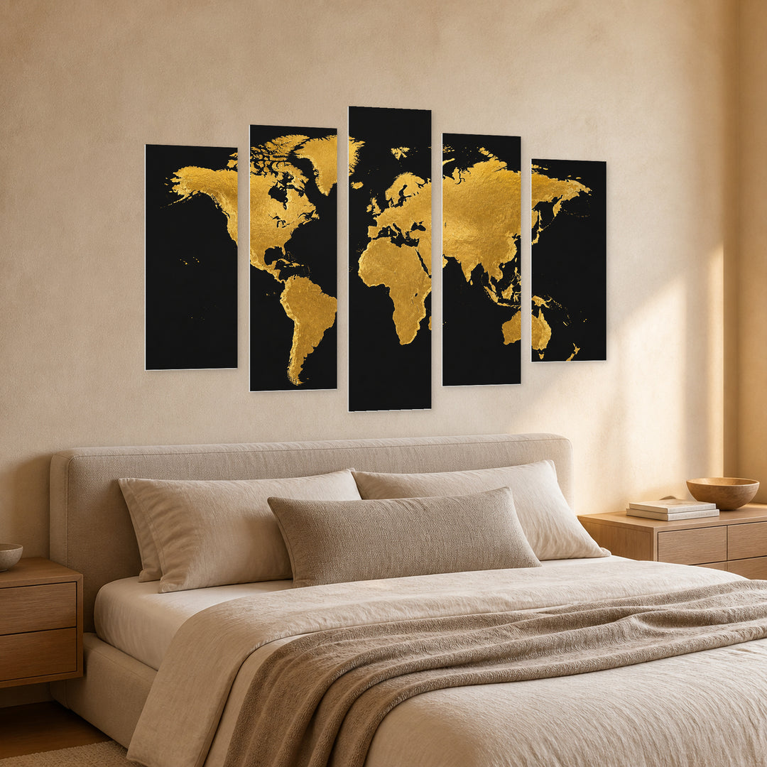 World Map in Gold Vintage Study — five-panel wall art in perspective interior | 5wallart 54699 M2