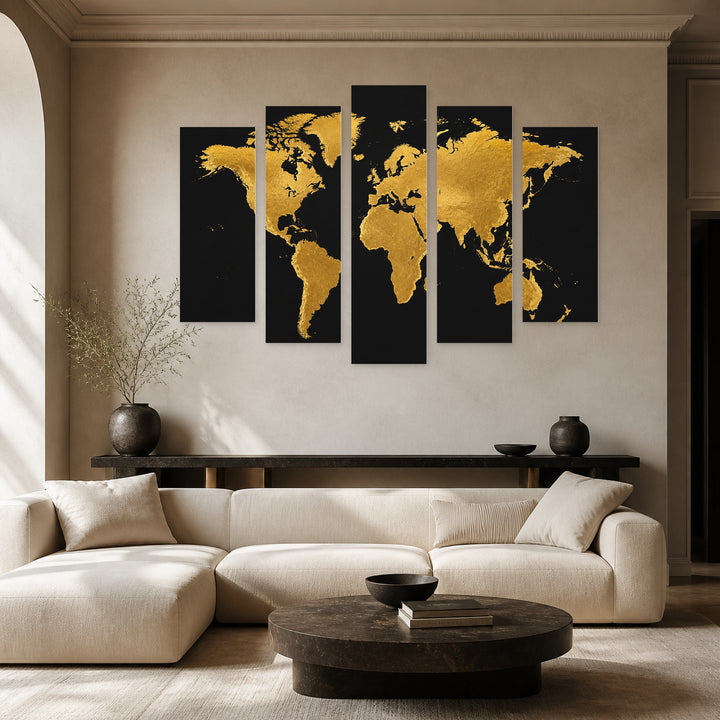 World Map in Gold Vintage Study — five-panel wall art in frontal interior | 5wallart 54699 M3