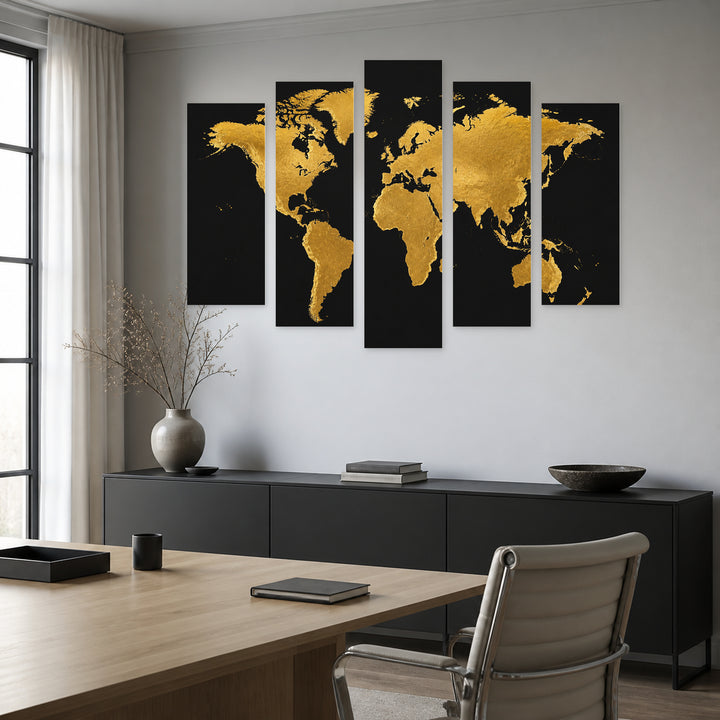 World Map in Gold Vintage Study — five-panel wall art in alternate frontal interior | 5wallart 54699 M4