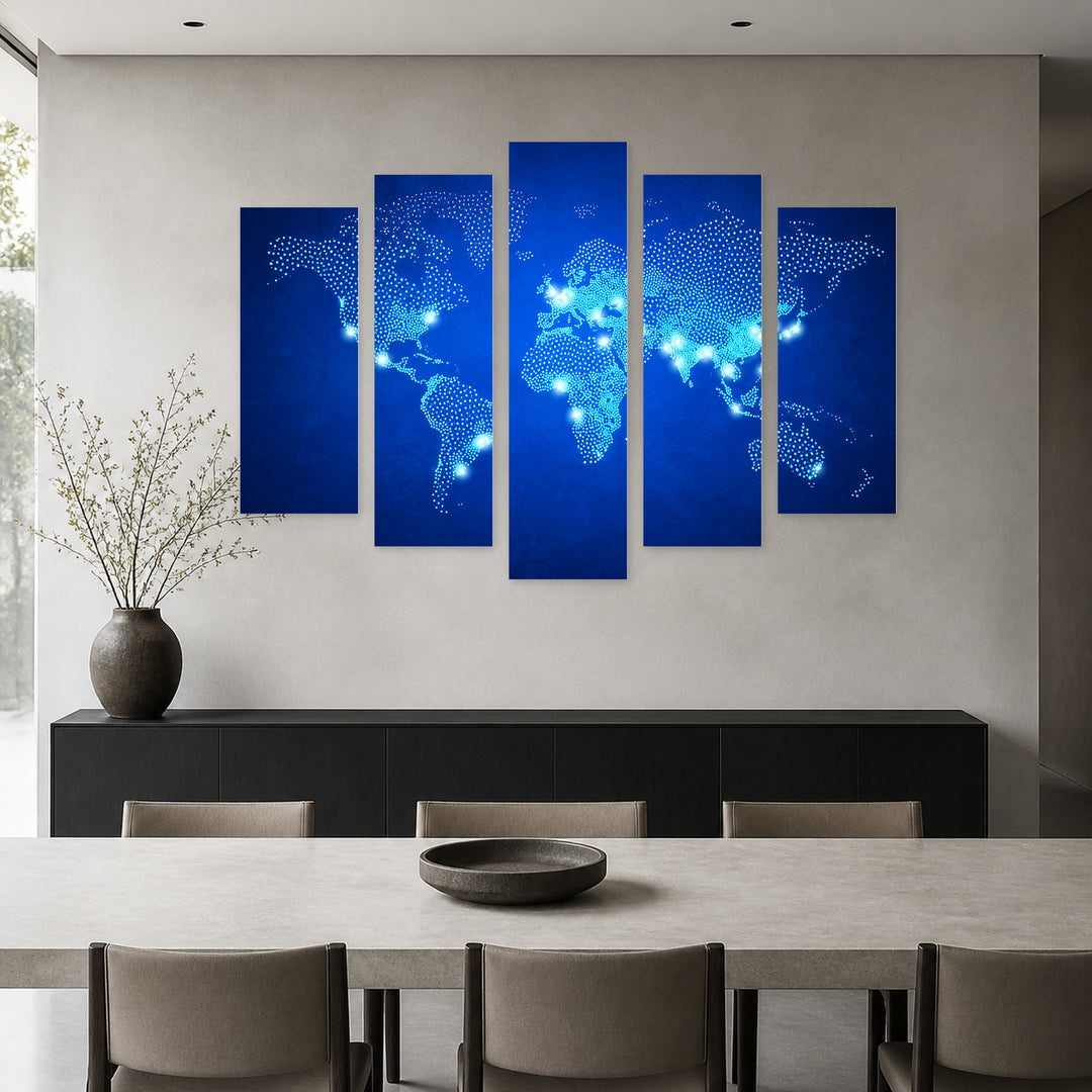 World Population Map Vintage Study — five-panel wall art in frontal interior | 5wallart 54700 M3